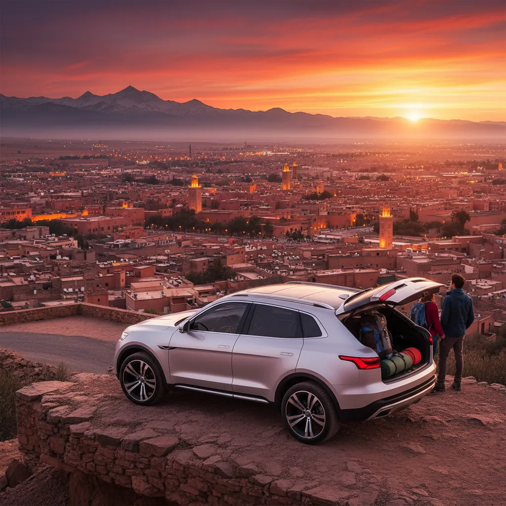 A rental SUV parked with a scenic sunset view of Marrakech and the Atlas Mountains, symbolizing the best car rental deals for a Moroccan adventure.