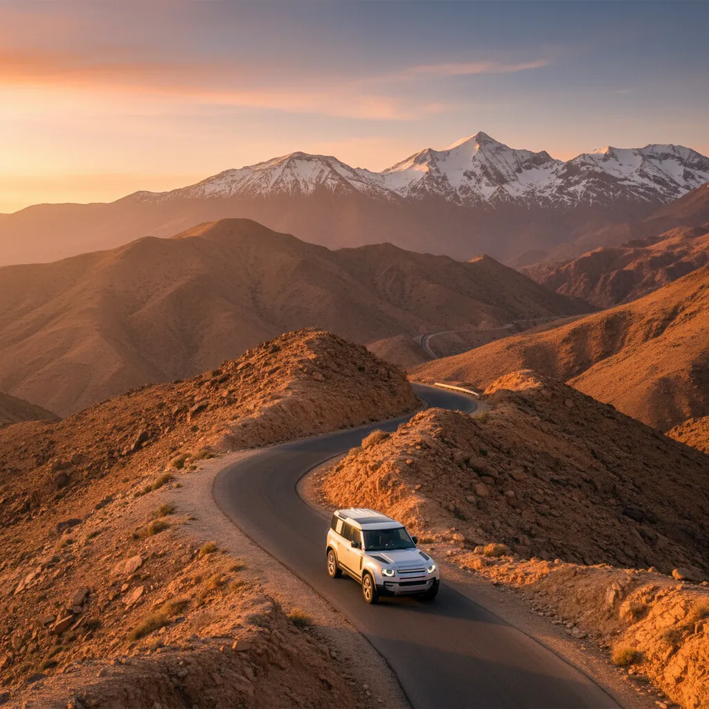Voiture de location sur une route de montagne sinueuse au Maroc au coucher du soleil, illustrant un road trip inoubliable.