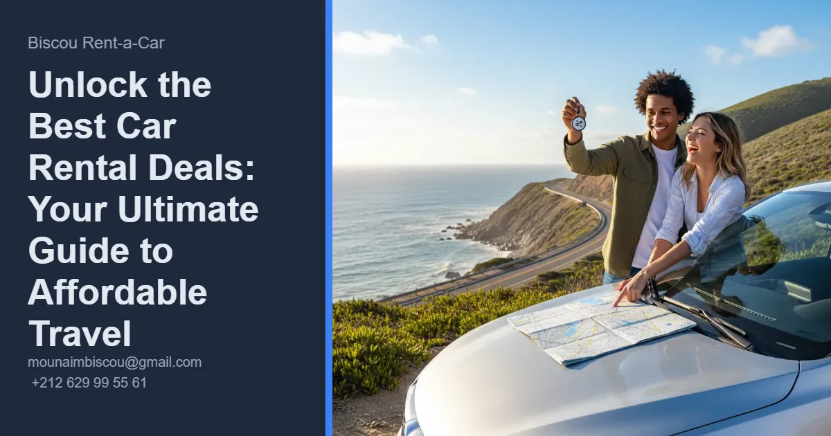 A happy couple with their economy rental car on a scenic road trip, highlighting the best cheap car rental deals for affordable travel.