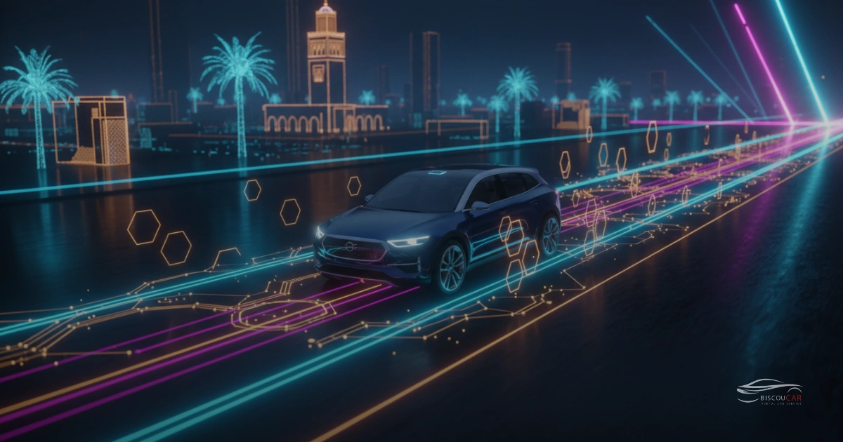 High-quality hero graphic for Biscou Rent Car's blog: Conduire au Maroc en 2026 : Le Guide Ultime (Règles, Routes et Sécurité)