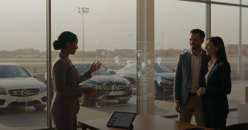 Location voiture Marrakech Aéroport par Biscou Rent Car : service premium et rapide devant le terminal moderne.