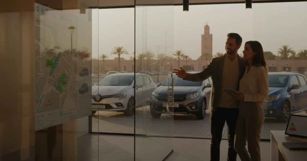 Location voiture Marrakech par Biscou Rent Car : berline économique moderne lors d'un coucher de soleil doré.